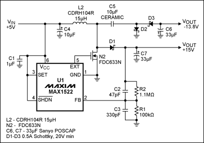 Figure 1. This single-inductor, 200mA power supply derives +15V/-14V from +5V. www.1cnz.cn