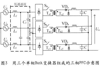 用三個單相Buck變換器組成的三相PFC示意圖