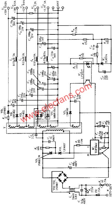 由TOP246Y構成的45W多路輸出式開關電源電路  www.1cnz.cn