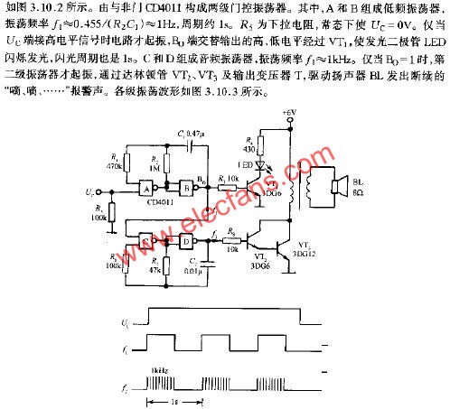 由門控振蕩器組成的聲光報警電路  www.1cnz.cn