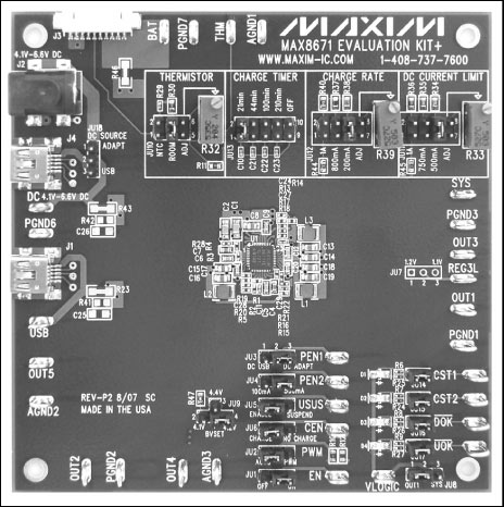 圖1. MAX8671X評估板照片，為典型應用提供了一個緊湊的PCB布局