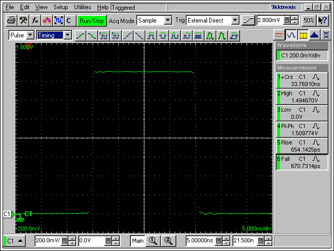 Figure 11. MAX9979 powered up and generating a 3V signal into the 50Ω load of the CSA8000.