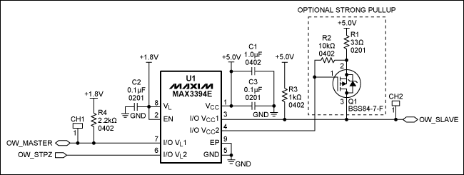 圖1. 1-Wire雙向電平(1.8V至5V)轉換器電路原理圖，注意，引腳I/O VL和I/O VCC具有10kΩ內部上拉。