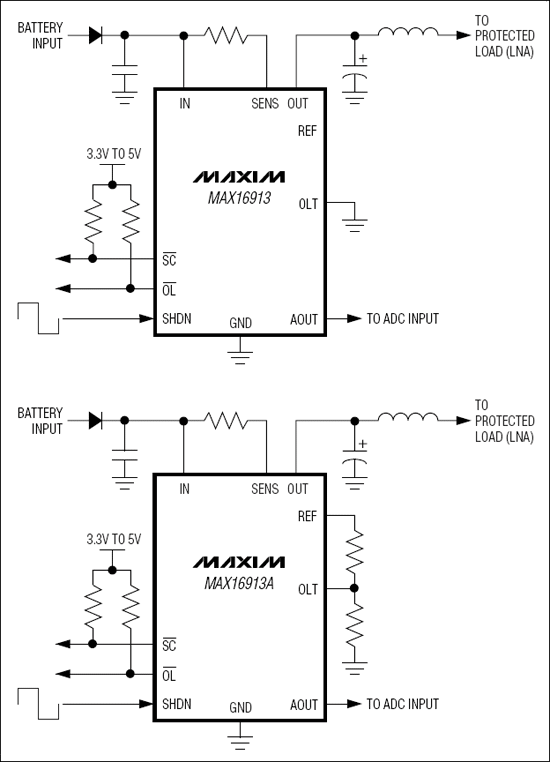 MAX16913、MAX16913A：典型工作電路