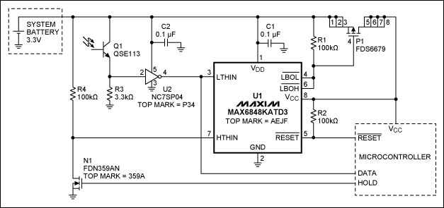 Figure 1. This circuit withholds power from the attached microcontroller until it detects an IR transmission. While in standby mode, its quiescent current is less than 2μA.