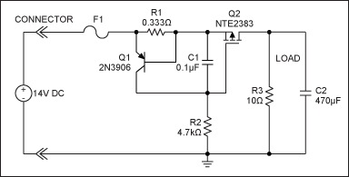 Figure 2a. Another hot-swap circuit implements current sensing and 2A limiting with a PNP transistor (Q1). This is illustrated by the turn-on waveforms in Figure 2b.