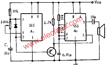 時(shí)基集成電路組成火警或警車音響電路圖  www.1cnz.cn