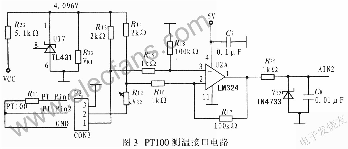 鉑電阻PT100溫度信號測溫電路 www.1cnz.cn