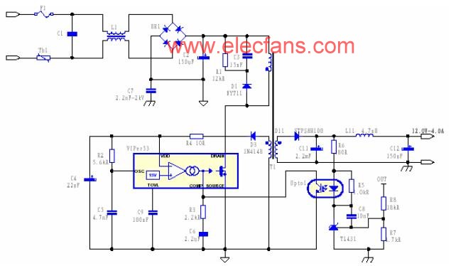 VIPer53設計的12V/3A 的副邊反饋的開關電源電路