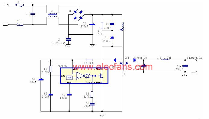 VIPer53設計的12V/4A 的原邊反饋的開關電源電路