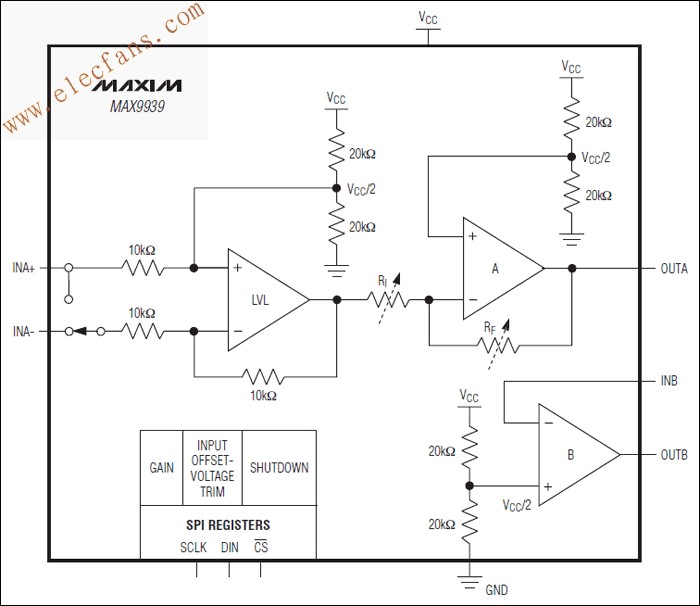 MAX9939 差分輸入可編程增益放大器