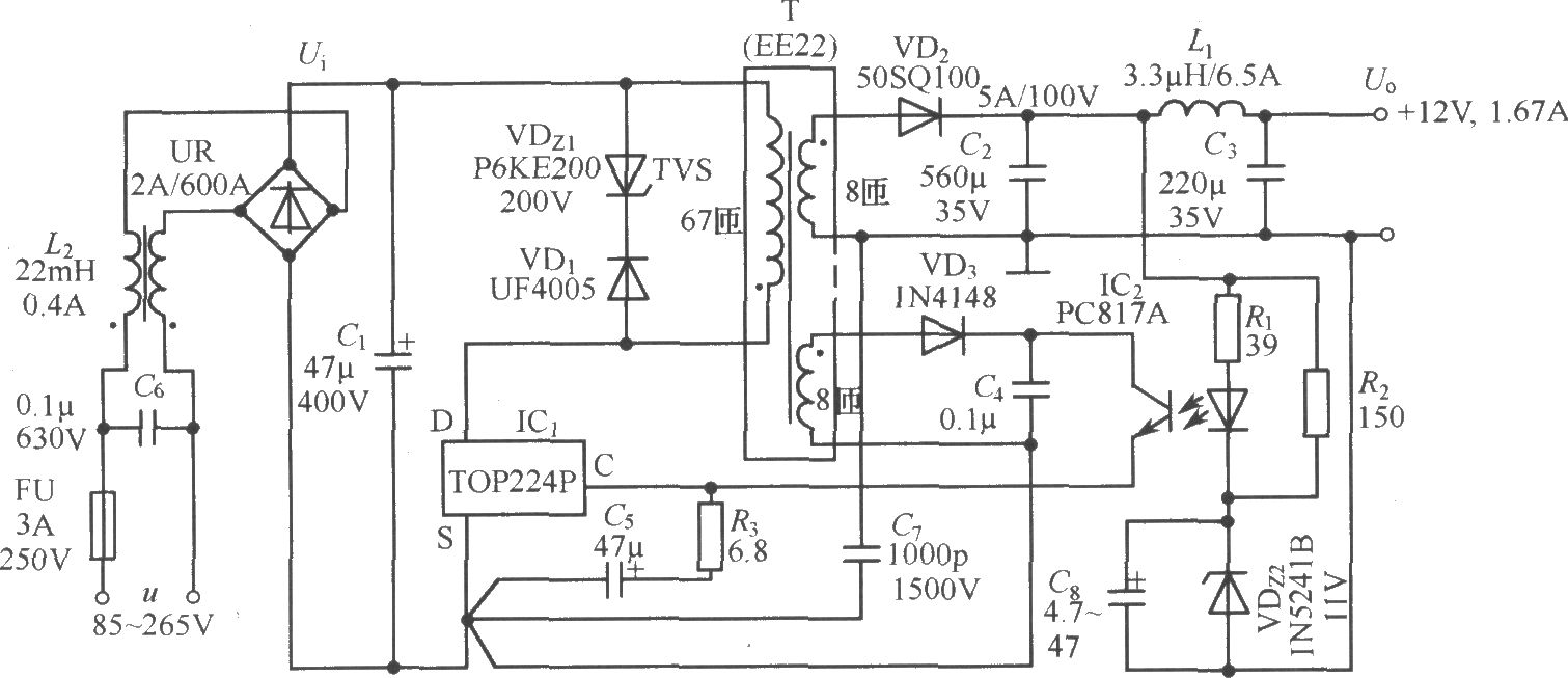 TOP224P構成的12V、20W開關直流穩壓電源電路