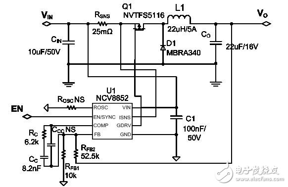  NCV8852   5V，2.5A 車載USB電源設計實例電路圖