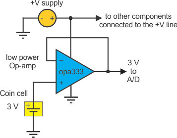 連接 OPA333 單位增益放大器，監控紐扣電池電壓