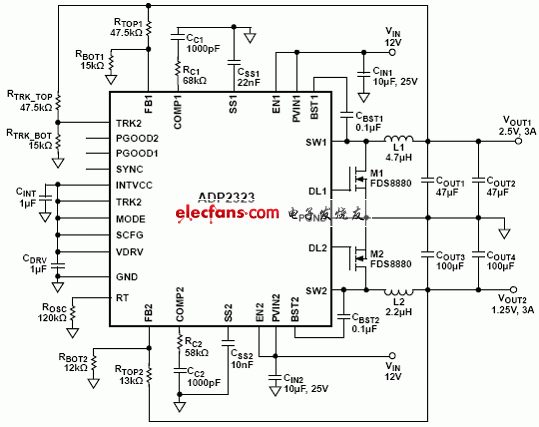 ADP2323通路2跟蹤通路1應(yīng)用電路圖