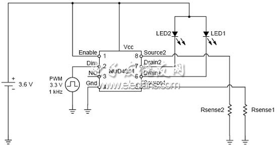 采用線性穩(wěn)壓器NUD4301做為推動小型LCD面板背光的兩顆LED驅(qū)動電路