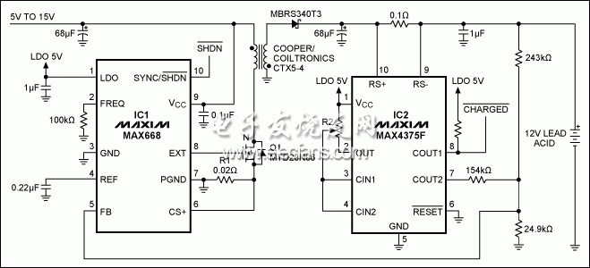 圖1。 這鉛酸電池充電器，適用于高電壓（15V），直到電池充電，然后適用于13.4V保持一個小的涓流充電。