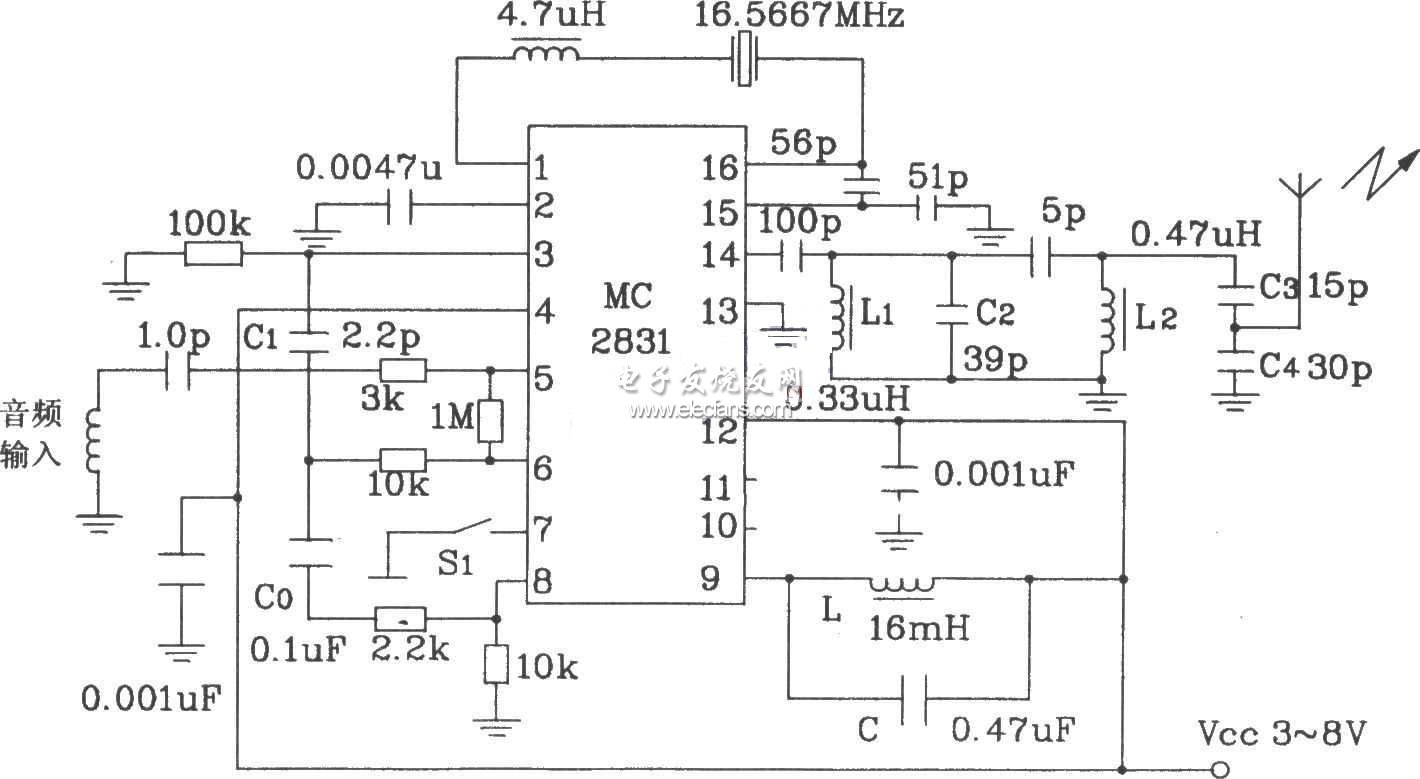 基于MC2831的無線電發(fā)射原理圖