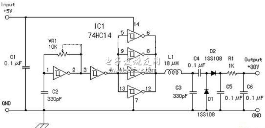 5V升壓到30V的DC/DC電路圖