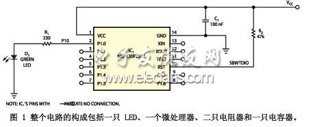 整個電路的構成包括一只 LED、一個微處理器、二只電阻器和一只電容器