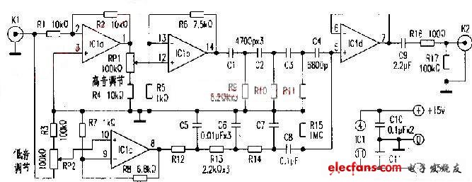 TL074構(gòu)成的倒相式音調(diào)控制電路圖