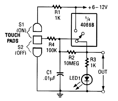 CD4066B構(gòu)成的自鎖式觸摸開關(guān)電路