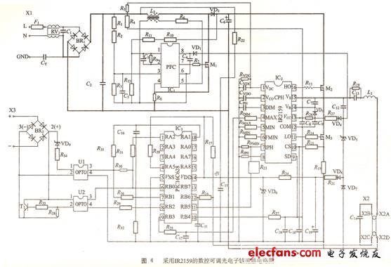 采用IR2159的數控可調光電子鎮流器電路