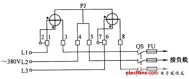 三相三線有功電能表直入式接線電路