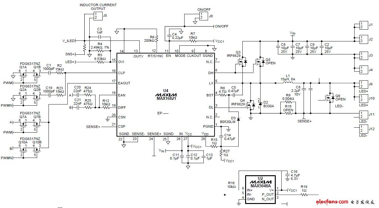 MAX16821的LED驅動器電路板電路