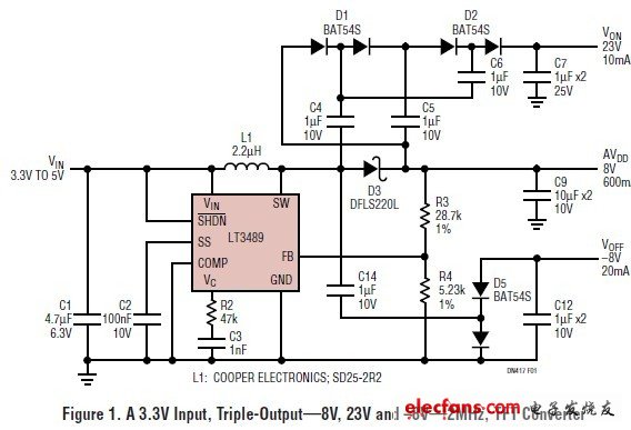 三路輸出穩壓器驅動大型TFT-LCD顯示器