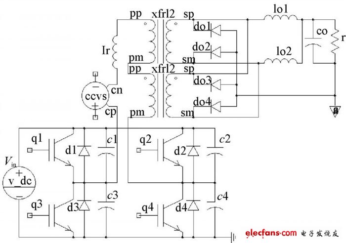 圖1 移相控制全橋ZVS2PWM電源系統(tǒng)主電路