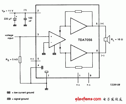 3W的TDA7056單聲道音頻功率放大器電路