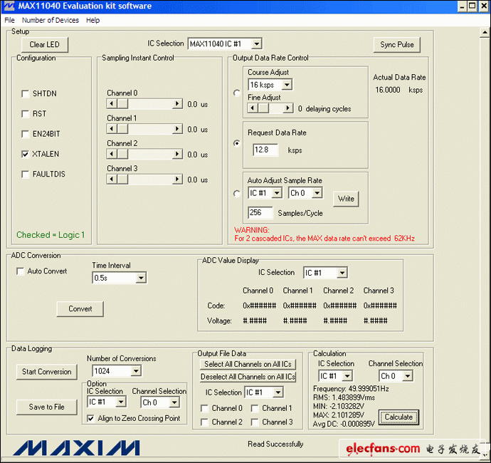 圖4. MAX11040EVKIT GUI允許用戶方便地設置各種測量條件：12.8ksps、256采樣點/周期和1024次轉換。此外，GUI的計算部分提供了一個進行快速工程運算的便捷工具。