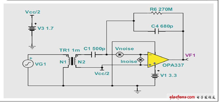 圖12 添加噪聲源后圖6電路的TINA-TI模型