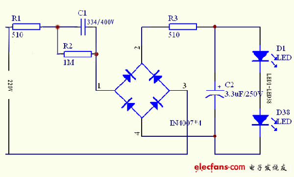 38粒LED節能燈電路