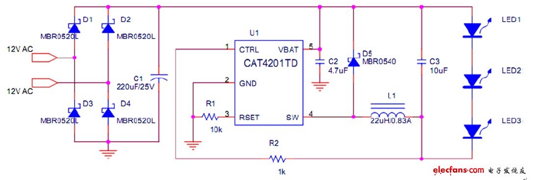 圖1：采用CAT4201的MR16燈電路