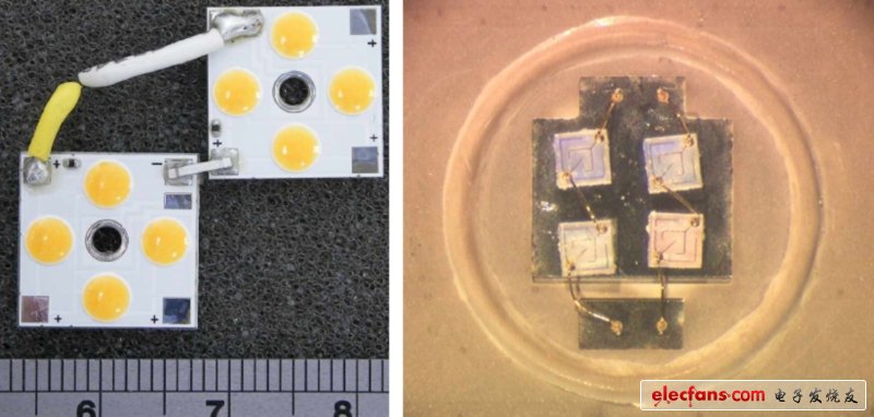 四個(gè)LEDs，每個(gè)尺寸約為0.5mm x 0.5mm x 0.1mm，封裝在LED凸圓底下