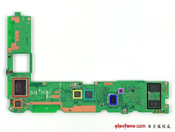 主板的另外一面也同樣布滿了芯片，都有：Kingston KE44B-26BN/8GB 8GB 閃存；RMC ALCS642；ELAN eKTF36248WS；ELAN eKTH10368WS；Texas Instruments 22C96ST；TI20 MI60；Hynix HTC2G83CFR DDR3 RAM