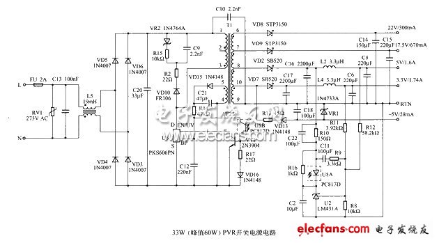 33W的PVR開關(guān)電源電路