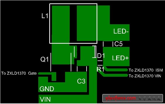 圖3:ZXLD1370降壓LED驅(qū)動(dòng)器的PCB布局示例