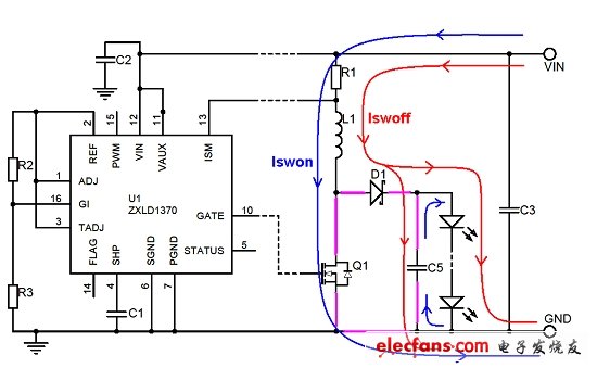 圖5:ZXLD1370升壓LED驅(qū)動(dòng)器的開關(guān)電流路徑。