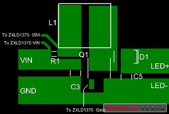 圖6:ZXLD1370升壓LED驅(qū)動(dòng)器的PCB布局示例。