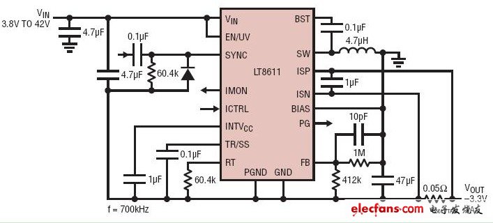 具有1A輸出電流限值的-3.3V負轉換器電路圖