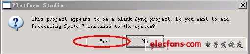 確定后，提示所建立的工程是一個Zynq工程，提示是否添加PS到系統。點確認。