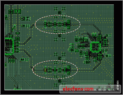 圖4. 發射器、DAC/調制器接口濾波器部分的PCB布局