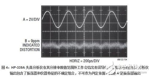 圖 4 示出了振蕩器輸出 （掃跡 A） 及其在分析儀輸出端上的殘留失真指示