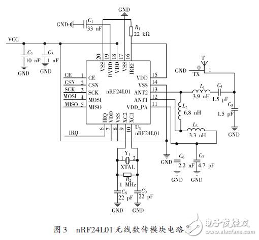 圖3 nRF24L01無(wú)線數(shù)傳模塊電路圖