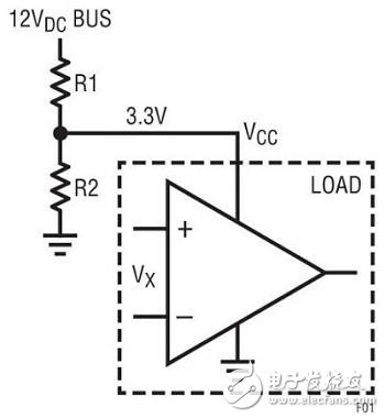 圖1電阻分壓器采用12V總線(xiàn)輸入產(chǎn)生3.3VDC