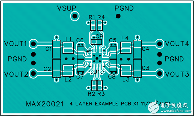 Figure 4. Example of a four-layer PCB layout—top layer.圖4. 四層板布線(xiàn)–頂層