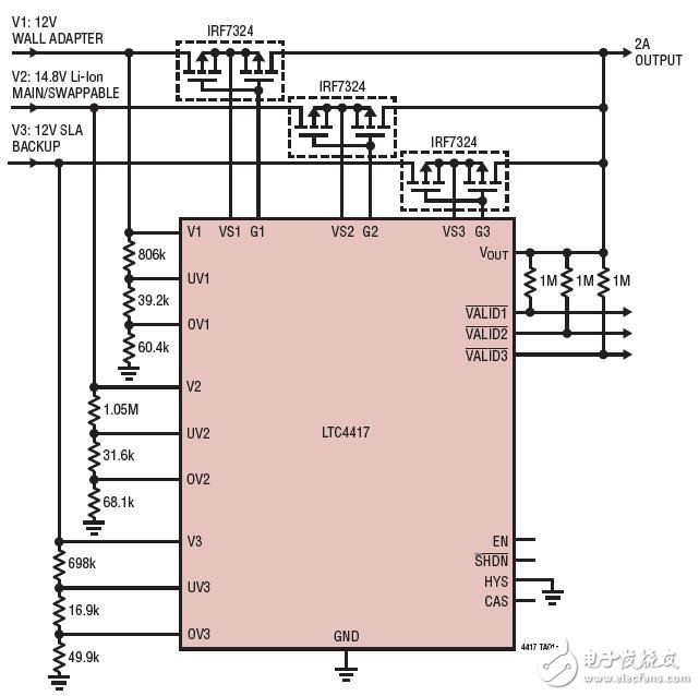 Priority Switching from 12V Main Supply to 14.8V Battery Backup從12V主電源至14.8V后備電池的供電優先級切換電路圖